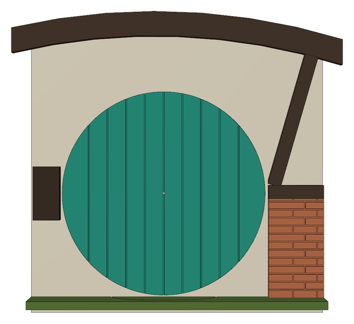 Early CAD render of the Round-Door Cottage face: a round green plank door in a cream wall, under a curved timber beam, with a diagonal brace, a brick corner and a mossy sill.